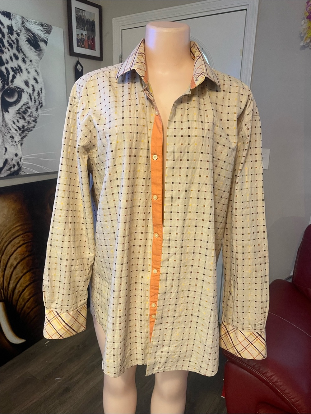 Steven Land XL 100% cotton Men's dress Button-Up Shirt Orange Trim color cuff
